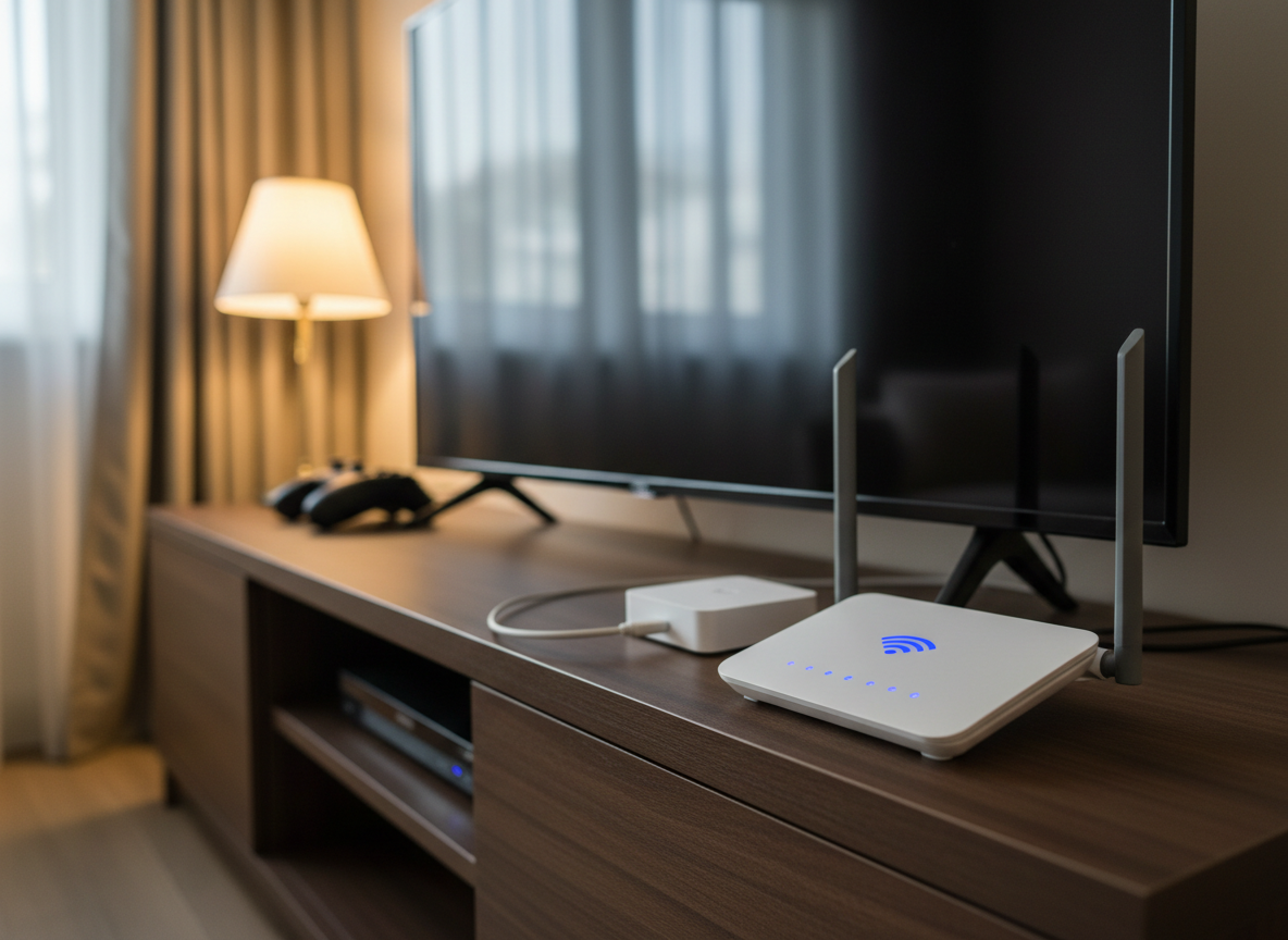 Una fotografía de alta calidad que muestra un moderno router WiFi de doble banda, conectado a un elegante televisor de pantalla plana y a una consola de juegos, simbolizando un plan de internet para el hogar. El router, blanco con antenas discretas y luces LED azules, se encuentra sobre un mueble de madera oscura, con un discreto ONT de fibra al lado. Luz cálida de interior combinada con suave iluminación natural desde una ventana cercana, creando un ambiente acogedor pero profesional. Composición en regla de los tercios, con el router en primer plano y los dispositivos de entretenimiento ligeramente desenfocados detrás. La escena transmite velocidad, estabilidad y claridad en los servicios y planes de internet residencial.
